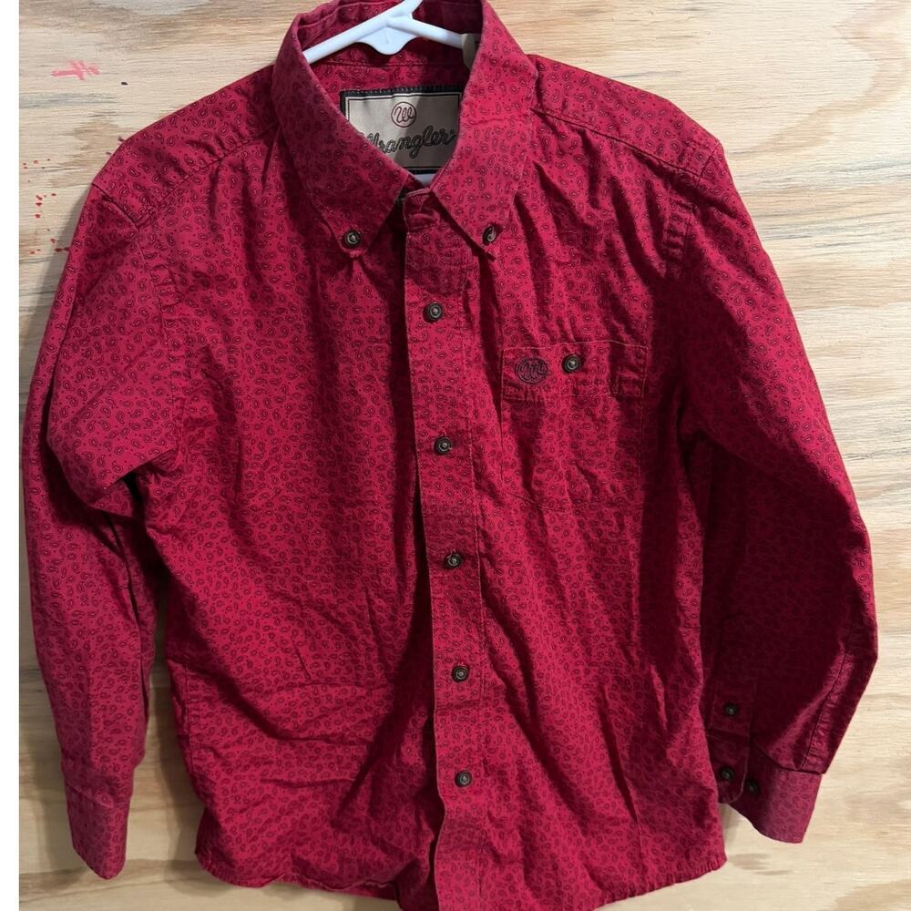 Boy's Wrangler Button Up Shirt Medium Red Rodeo Cowboy Western
